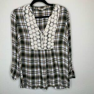 Linda Anderson Brown Cream Plaid Babydoll Blouse Sz Medium